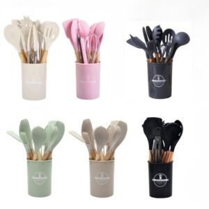Silicone Kitchen Cooking Utensils Set, 12pcs/set Including Spatula, Spoon, Tongs, Whisk, Basting Brush, Cooking Utensils Set with Storage Basket, Kitchen Utensils Set